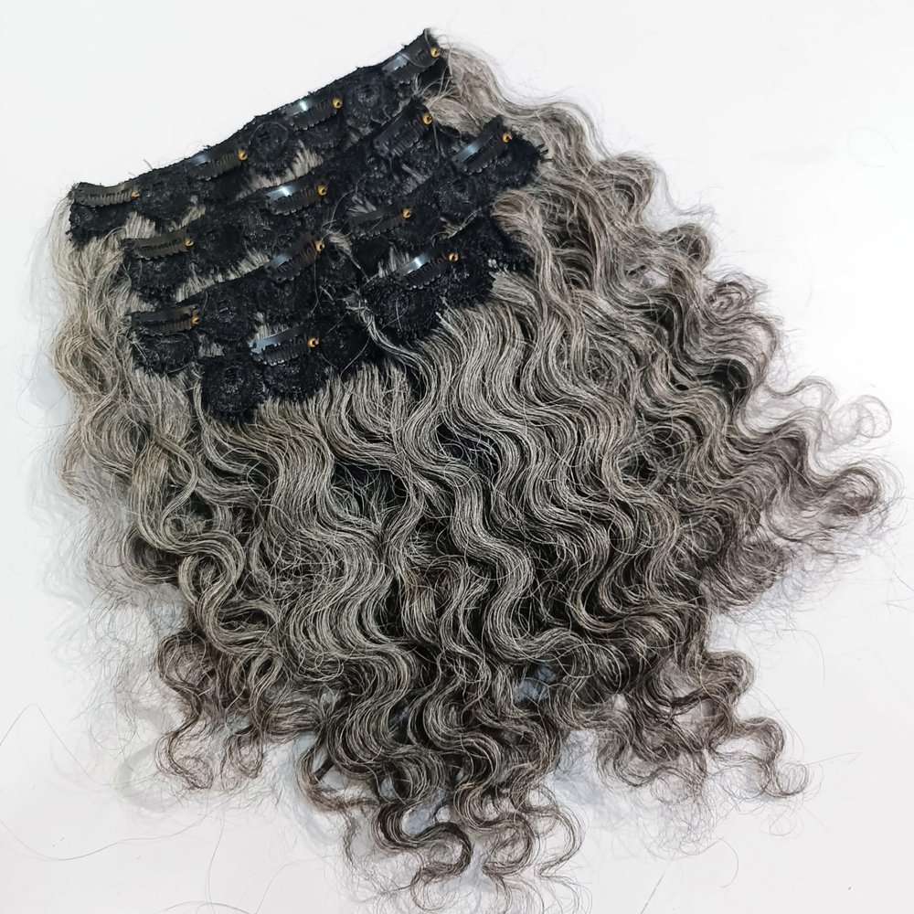 Gray Curly Hair Clip-in Extensions Real Human Hair Natural Undyed Hair 100g-120g Per set, Raw unprocessed Grey curly human hair clip-in extensions (14 Inches)
