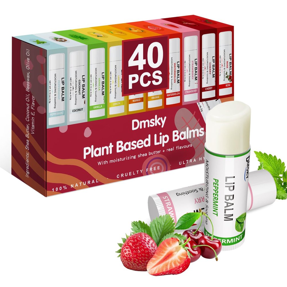 40 Pack Lip Balm Bulk, Fruit Lip Balm Variety Pack, Natural Moisturizing Balms for Dry Cracked Lips, Hydrating for Men Women Kids - 10 Flavors
