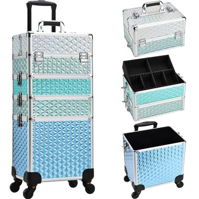 Adazzo Professional Rolling Makeup Train Case 4 in 1 Aluminum Trolley Case with 360 Rotation Wheels for Makuep Artist Cosmetic Suitcase Organizer with Lock and Key Diamond Pattern - Turquoise