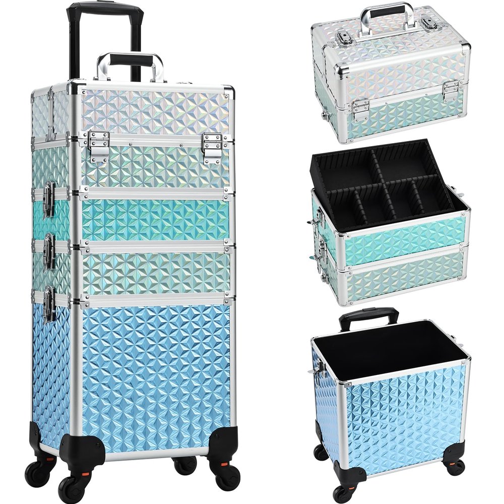 Adazzo Professional Rolling Makeup Train Case 4 in 1 Aluminum Trolley Case with 360 Rotation Wheels for Makuep Artist Cosmetic Suitcase Organizer with Lock and Key Diamond Pattern - Turquoise