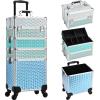 Adazzo Professional Rolling Makeup Train Case 4 in 1 Aluminum Trolley Case with 360 Rotation Wheels for Makuep Artist Cosmetic Suitcase Organizer with Lock and Key Diamond Pattern - Turquoise view 1