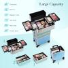 Adazzo Professional Rolling Makeup Train Case 4 in 1 Aluminum Trolley Case with 360 Rotation Wheels for Makuep Artist Cosmetic Suitcase Organizer with Lock and Key Diamond Pattern - Turquoise view 3
