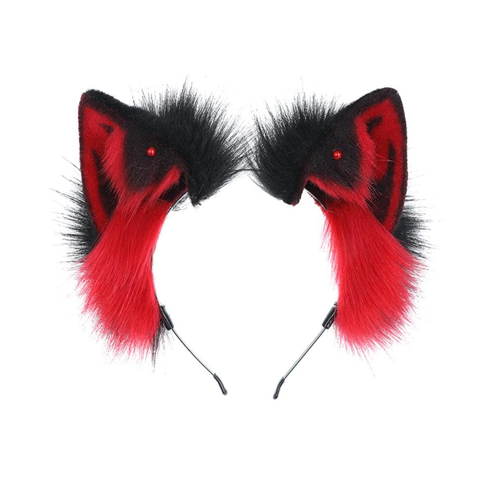 TTYAO REII Red Black Cat Ears and Tail Set for Cosplay Cat Ears Headband Animals Headdress Costume Accessories (Red Black)