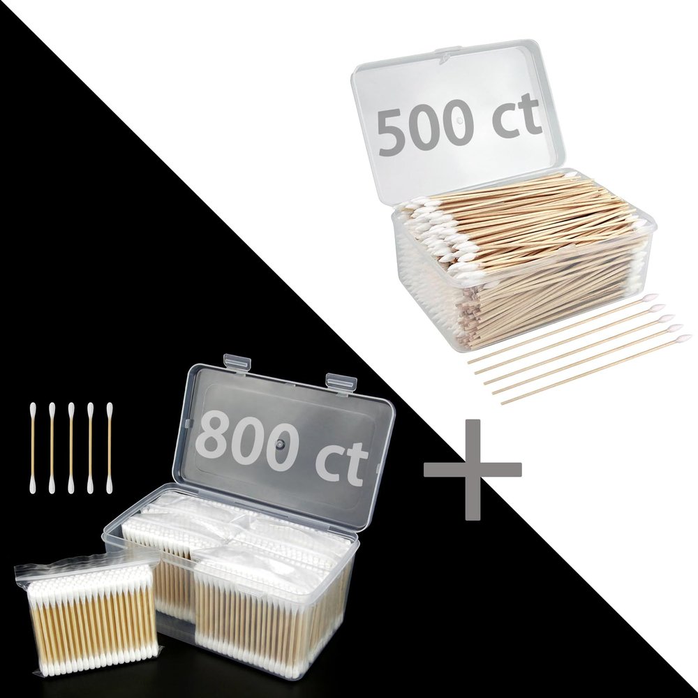 1300 ct Cotton Swabs - Organic Cotton Swabs 800 Count & 500 ct Pointed 6 Inches Pointed Cotton Swabs with Storage Case