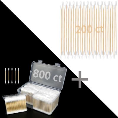 1000 ct Cotton Swabs - Organic Cotton Swabs 800 Count & 200 6 Inch Long Cotton Swabs with Strong Bamboo Sticks and Cotton Tipped Applicators for Cleaning