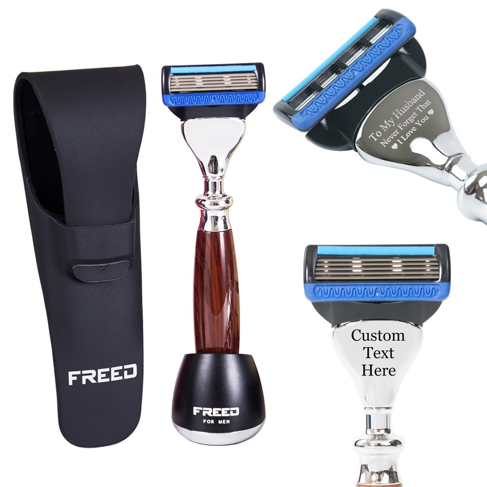 FREED Customized gifts Engraving Shaving Kit - Safety Razor with metal handle include razor base, razor travel case and 5 Razor Blade Refills,it's the best gift for men (Purple-Brown)