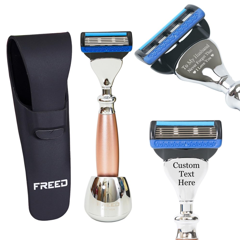 FREED Customized gifts Engraving Shaving Kit - Safety Razor with metal handle include razor base, razor travel case and 5 Razor Blade Refills,it's the best gift for men (Champagne gold)