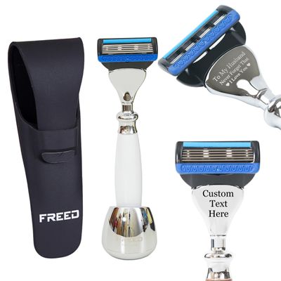 FREED Customized gifts Engraving Shaving Kit - Safety Razor with metal handle include razor base, razor travel case and 5 Razor Blade Refills,it's the best gift for men (Pearl White)