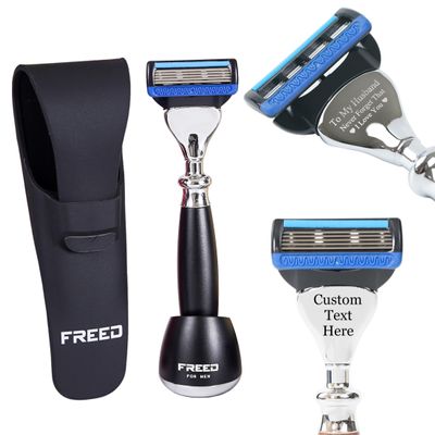 FREED Customized gifts Engraving Shaving Kit - Safety Razor with metal handle include razor base, razor travel case and 5 Razor Blade Refills,it's the best gift for men (Black)