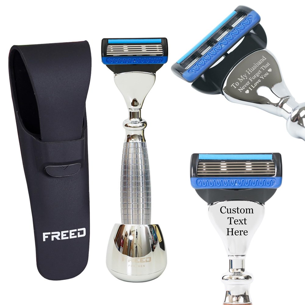 FREED Customized gifts Engraving Shaving Kit - Safety Razor with metal handle include razor base, razor travel case and 5 Razor Blade Refills,it's the best gift for men (Metal mesh)