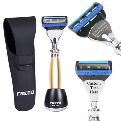 FREED Customized gifts Engraving Shaving Kit - Safety Razor with metal handle include razor base, razor travel case and 5 Razor Blade Refills,it's the best gift for men (Gold)