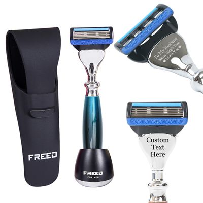 FREED Customized gifts Engraving Shaving Kit - Safety Razor with metal handle include razor base, razor travel case and 5 Razor Blade Refills,it's the best gift for men (Galaxy Blue)