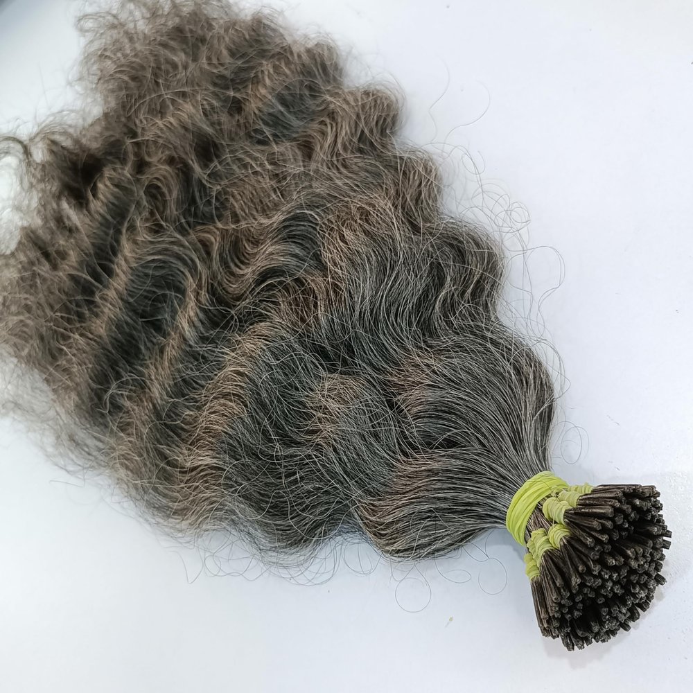 50g/50strands Indian Raw Unprocessed Gray Curly Hair Keratin I-Tip, Flat-Tip, U-Tip,V-Tip Extensions, Fusion keratin tip real human hair extensions grey. (16 Inches)