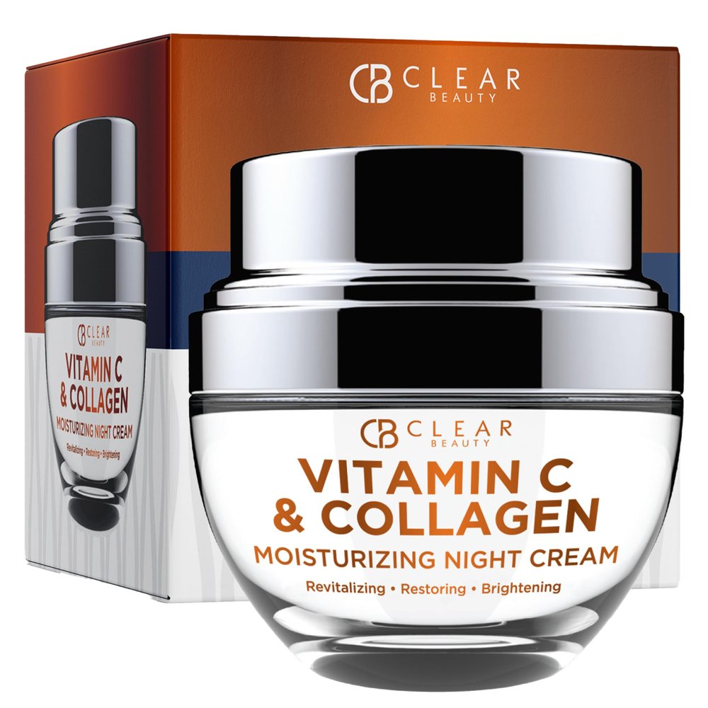 Clear Beauty Vitamin C & Collagen Face Moisturizer - Anti Aging Night Cream, Hydrates, Firms & Smooths Overnight - Dermatologist Tested, Korean Skin Care, Vegan, Clean Beauty - 1.69 Fl Oz