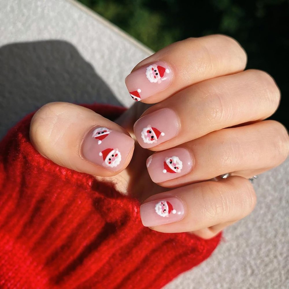 Christmas Press on Nails Short Square Cute Fake Nails with Santa Claus Designs Nude Pink Full Cover Stick on Nails Xmas False Nails for Women and Girls 24 Pcs Artificial Nails