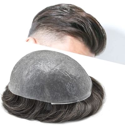 Mens Toupee 0.06mm Super Thin Skin V-looped Hair Replacement System Pure Handmade Real Human Hair piece 8"X10" #1B30 Off Black with 30% gray hair -90% density
