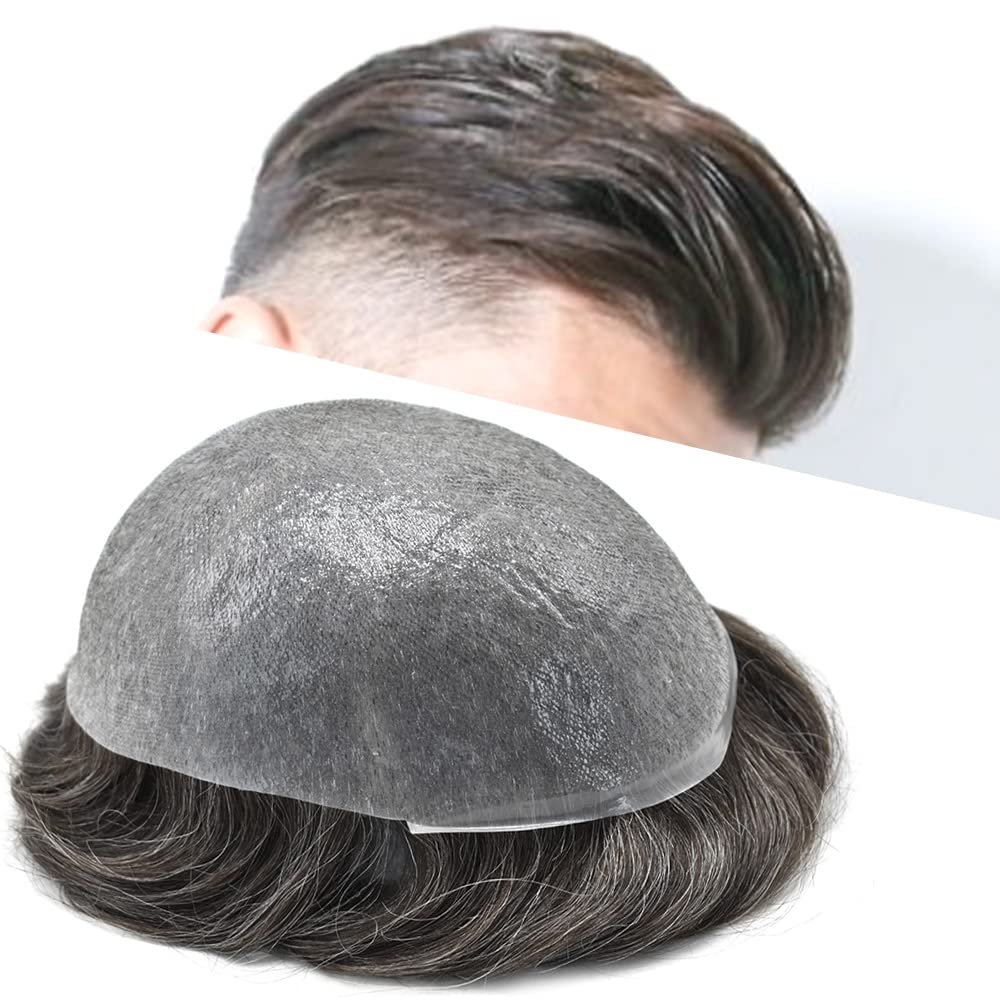 Mens Toupee 0.06mm Super Thin Skin V-looped Hair Replacement System Pure Handmade Real Human Hair piece 8"X10" #1B30 Off Black with 30% gray hair -90% density