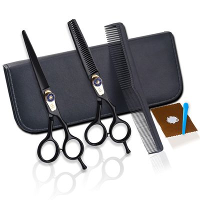 6 inch Professional Black Hair Cutting Scissors Set Barber Scissors Blue Gemstone Screw 7 pcs for Stylist, Hairdresser, Men, Women, Kids at Salon Barber