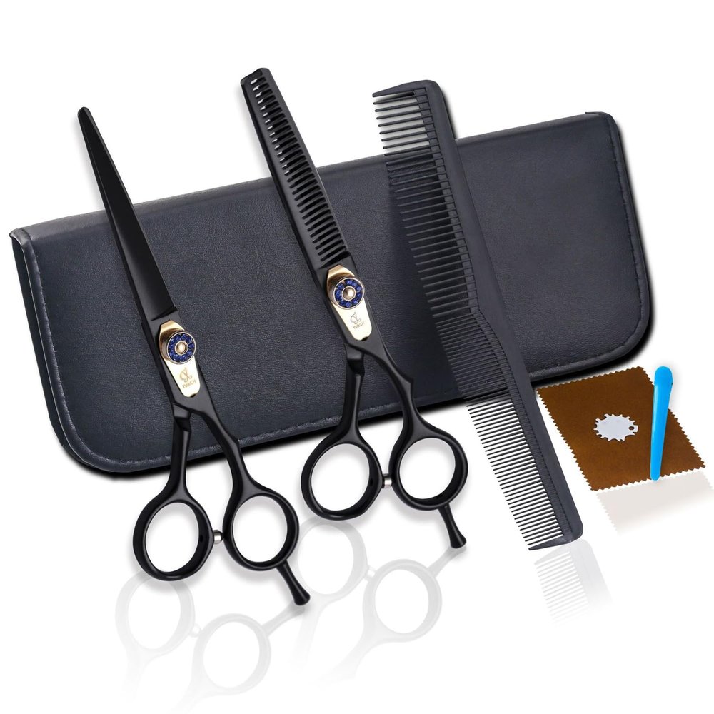 6 inch Professional Black Hair Cutting Scissors Set Barber Scissors Blue Gemstone Screw 7 pcs for Stylist, Hairdresser, Men, Women, Kids at Salon Barber
