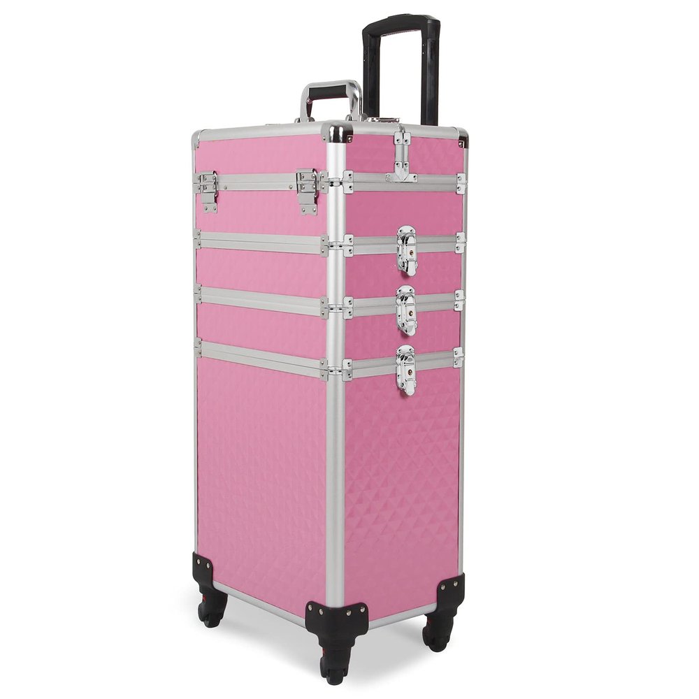 4 in 1 Rolling Makeup Train Case, Aluminum Cosmetic Case Rolling Makeup Case, Large Storage Cosmetic Trolley Makeup Travel Organizer Large Trolley Makeup Travel Case Salon Barber Case Traveling Cart
