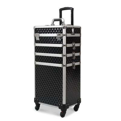 4 in 1 Rolling Makeup Train Case, Aluminum Cosmetic Case Rolling Makeup Case, Large Storage Cosmetic Trolley Makeup Travel Organizer Large Trolley Makeup Travel Case Salon Barber Case Traveling Cart