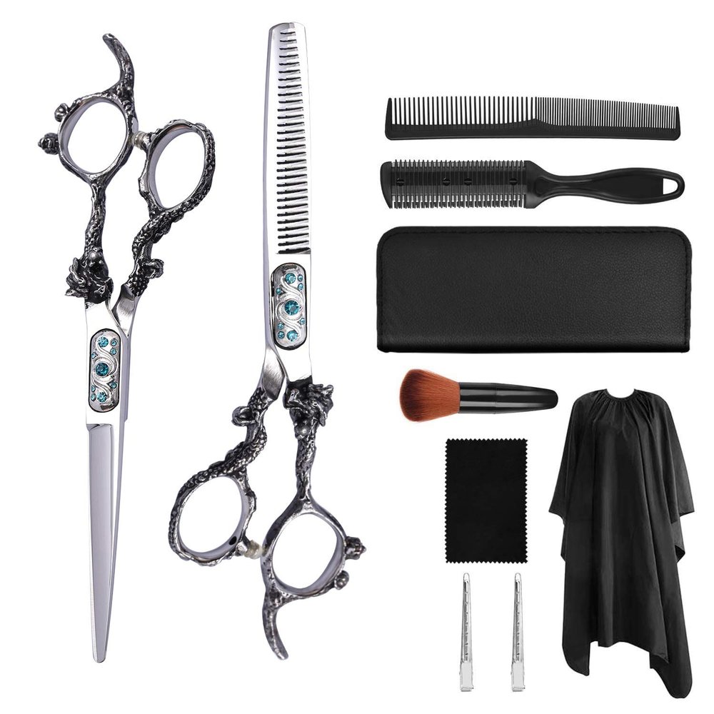 6 inch faucet barber scissors set professional hairdressing scissors flat scissor combination set hair cutting scissors 10 pcs for Stylist, Hairdresser, Men, Women, Kids at Salon Barber Home