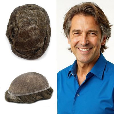 Hair System For Men European Human Hair Piece Full French Lace Mens Toupee Natural Hairline Breathable Hairpieces For Men Prosthesis Hair Patch Units Implant 8"x10" #420 Medium Brown Mixed 20% Gray
