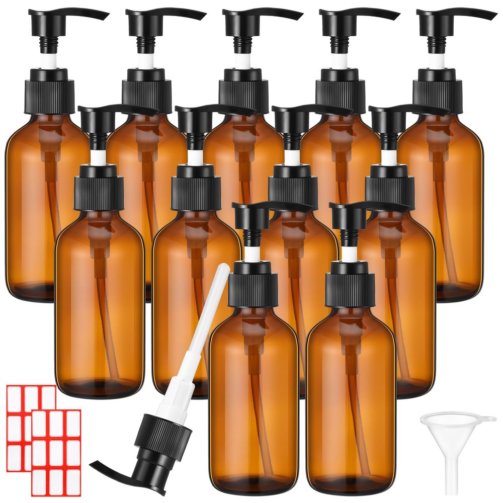 Tanlade 12 Pcs Glass Pump Bottle Dispenser 4 oz Travel Bottles with Pump Refillable Glass Containers for Toiletries Lotion Liquid Soap Shampoo Essential Oils Cosmetic Travel Accessories(Amber)