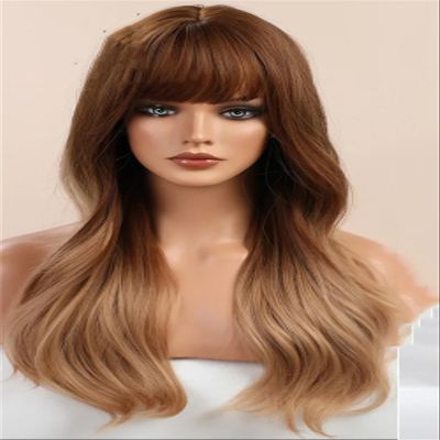 Long Wavy Synthetic Hair Wigs With Bangs Ombre Black Brown Heat Resistant Natural Cosplay Wigs For Women lc226-5