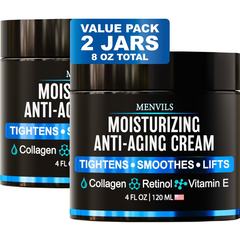 (2 Pack) Mens Face Moisturizer Cream - Anti Aging & Wrinkle for Men with Collagen, Retinol, Vitamins E, Jojoba Oil - Face Lotion - Age Facial Skin Care - Eye Wrinkle - 8 oz Total
