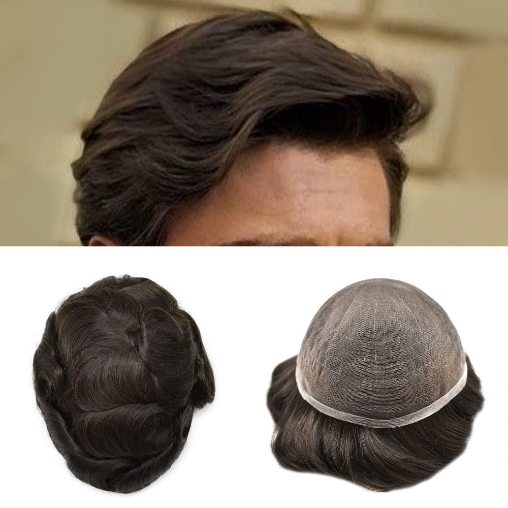 Full French Lace Mens Toupee Human Hair Replacement System Soft Lace Bleached Knots Natural Hairpieces for Men 7"X9" #210 Darkest Brown with 10% gray hair-90% density