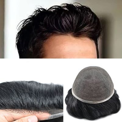 Full French Lace Mens Toupee Human Hair Replacement System Soft Lace Bleached Knots Natural Hairpieces for Men 8"X10" #1 Jet Black-100% density