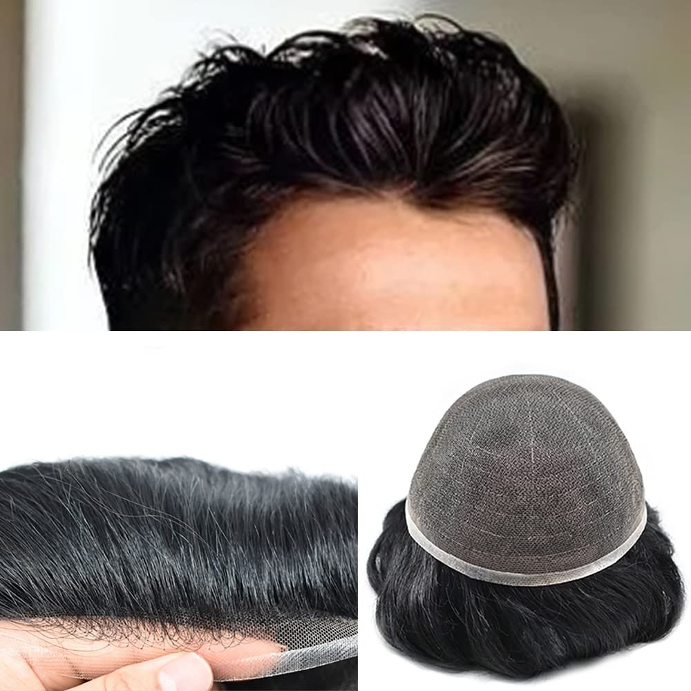 Full French Lace Mens Toupee Human Hair Replacement System Soft Lace Bleached Knots Natural Hairpieces for Men 8"X10" #1 Jet Black-100% density