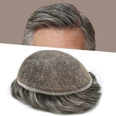 Full French Lace Mens Toupee Human Hair Replacement System Soft Lace Bleached Knots Natural Hairpieces for Men 8"X10" #240 Darkest Brown with 40% gray hair-90% density
