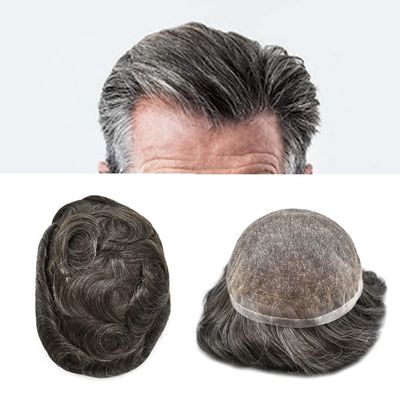 Full French Lace Mens Toupee Human Hair Replacement System Soft Lace Bleached Knots Natural Hairpieces for Men 7"X9" #320 Dark Brown with 20% gray hair-100% density