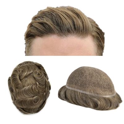 Full French Lace Mens Toupee Human Hair Replacement System Soft Lace Bleached Knots Natural Hairpieces for Men 8"X10" #1740 Dark Ash Blonde with 40% gray hair-100% density