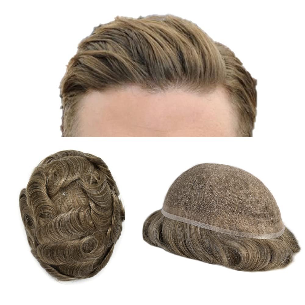 Full French Lace Mens Toupee Human Hair Replacement System Soft Lace Bleached Knots Natural Hairpieces for Men 8"X10" #1740 Dark Ash Blonde with 40% gray hair-100% density