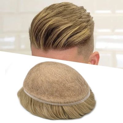 Full French Lace Mens Toupee Human Hair Replacement System Soft Lace Bleached Knots Natural Hairpieces for Men 7"X9" #2010 Light Ash Blonde with-110% density
