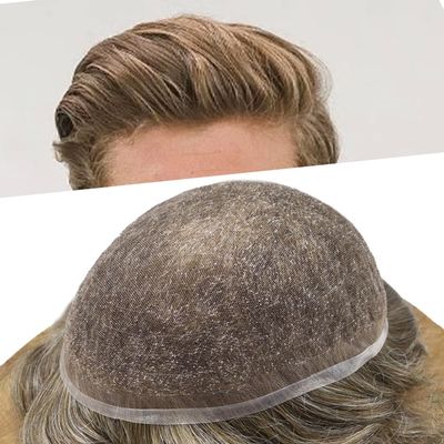 Full French Lace Mens Toupee Human Hair Replacement System Soft Lace Bleached Knots Natural Hairpieces for Men 7"X10" #450 Medium Brown with 50% gray hair-100% density
