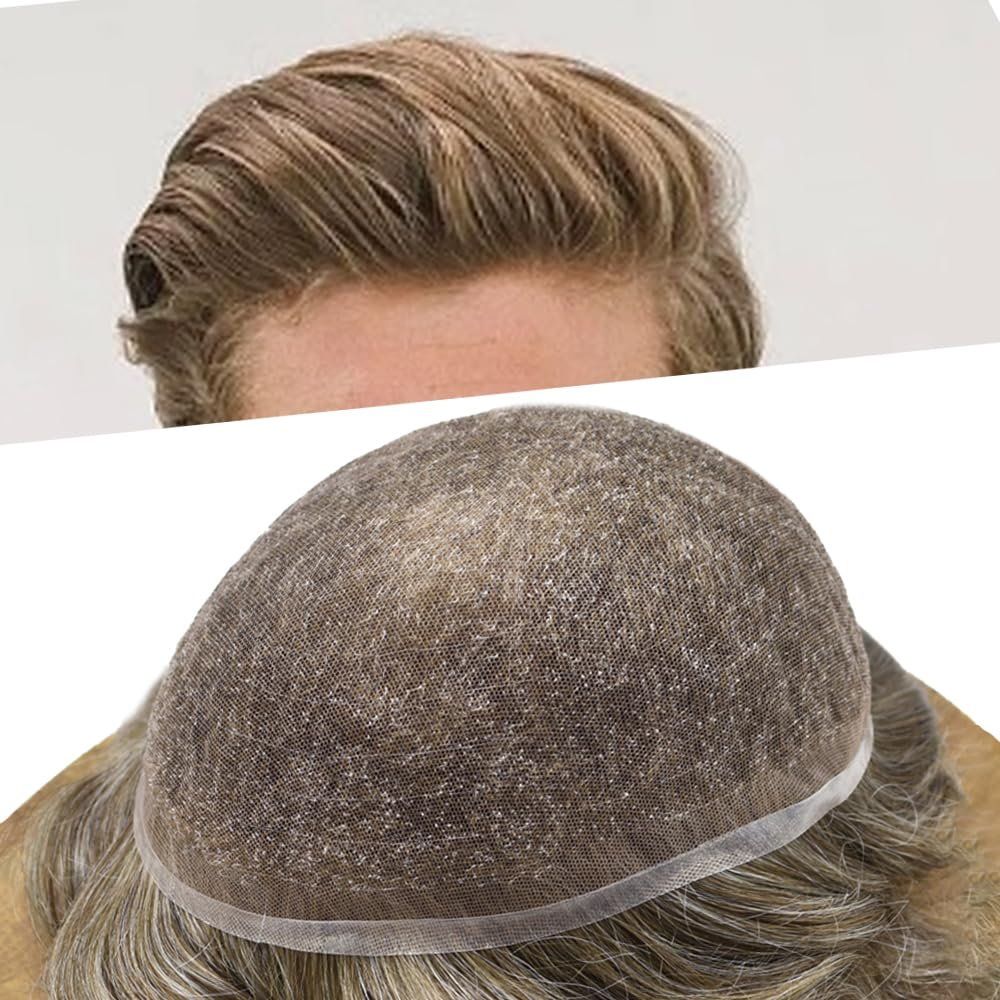 Full French Lace Mens Toupee Human Hair Replacement System Soft Lace Bleached Knots Natural Hairpieces for Men 7"X10" #450 Medium Brown with 50% gray hair-100% density