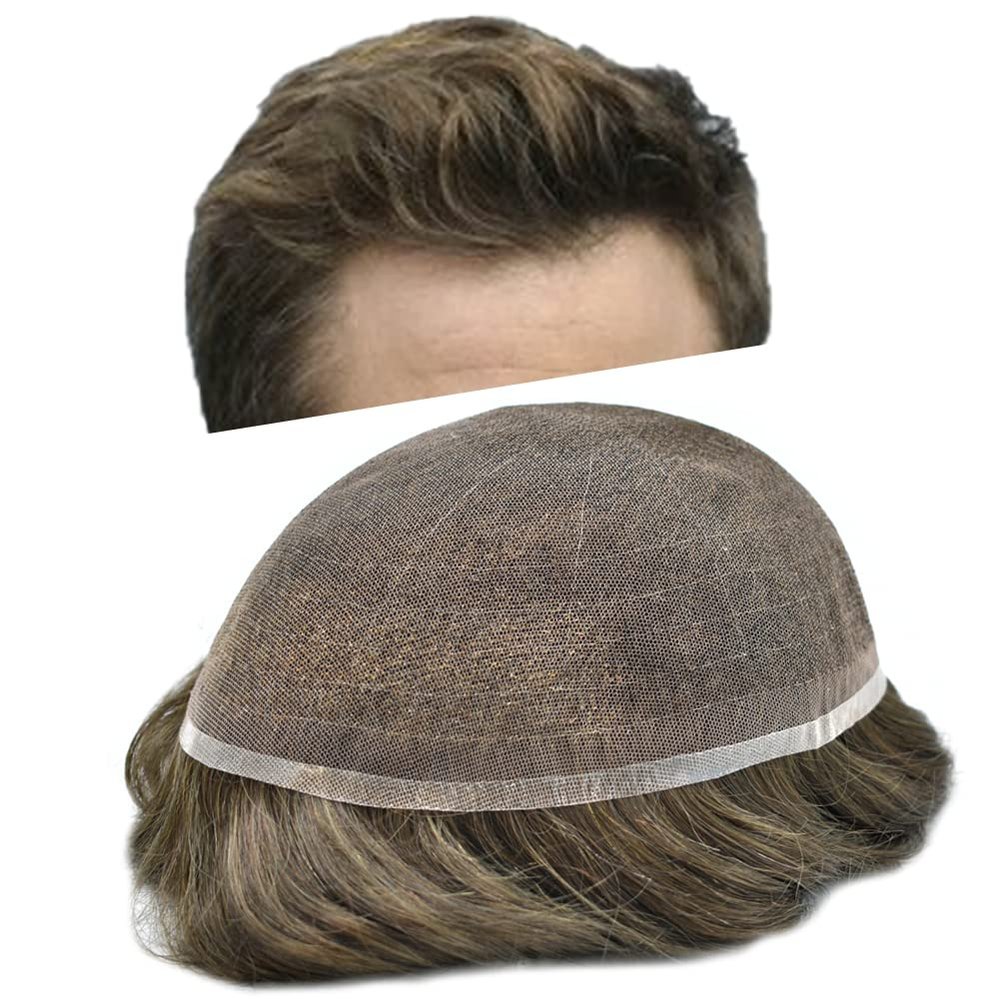 Full French Lace Mens Toupee Human Hair Replacement System Soft Lace Bleached Knots Natural Hairpieces for Men 8"X10" #4 Medium Brown-120% density