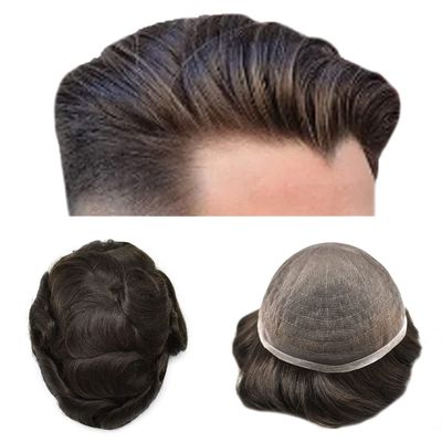 Full French Lace Mens Toupee Human Hair Replacement System Soft Lace Bleached Knots Natural Hairpieces for Men 8"X10" #210 Darkest Brown with 10% gray hair-80% density