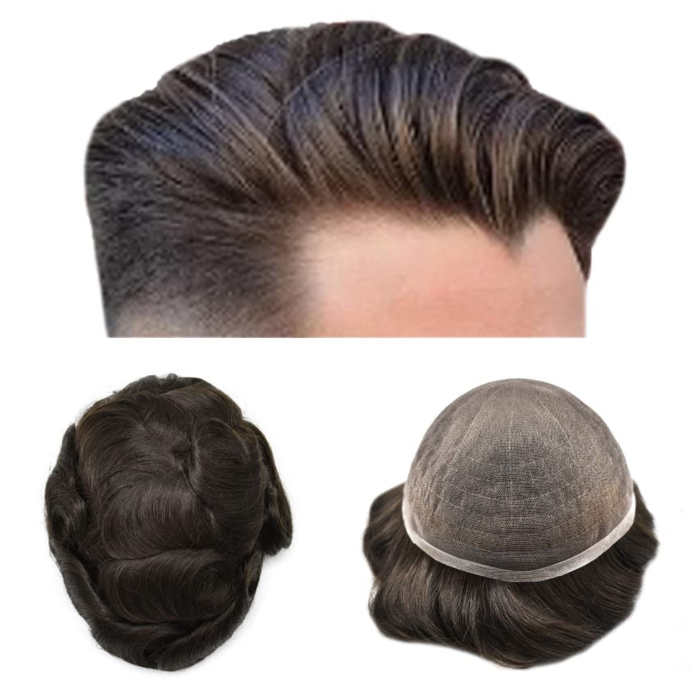 Full French Lace Mens Toupee Human Hair Replacement System Soft Lace Bleached Knots Natural Hairpieces for Men 8"X10" #210 Darkest Brown with 10% gray hair-80% density