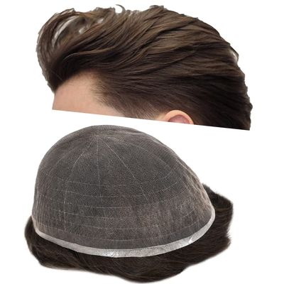 Full French Lace Mens Toupee Human Hair Replacement System Soft Lace Bleached Knots Natural Hairpieces for Men 8"X10" #3 Dark Brown-90% density