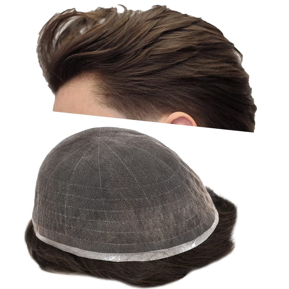 Full French Lace Mens Toupee Human Hair Replacement System Soft Lace Bleached Knots Natural Hairpieces for Men 8"X10" #3 Dark Brown-90% density