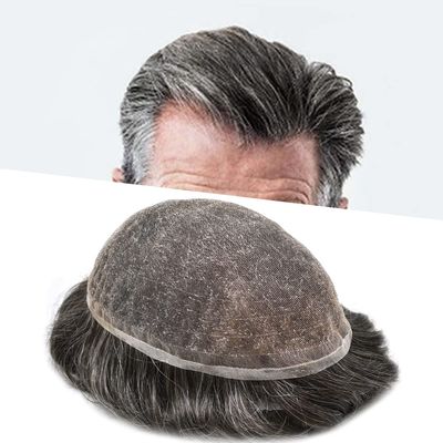 Full French Lace Mens Toupee Human Hair Replacement System Soft Lace Bleached Knots Natural Hairpieces for Men 8"X10" #220 Darkest Brown with 20% gray hair-110% density