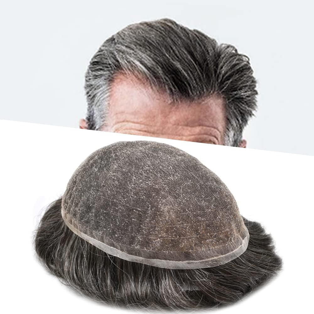 Full French Lace Mens Toupee Human Hair Replacement System Soft Lace Bleached Knots Natural Hairpieces for Men 8"X10" #220 Darkest Brown with 20% gray hair-110% density