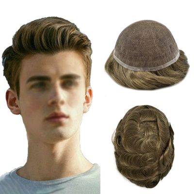Full French Lace Mens Toupee Human Hair Replacement System Soft Lace Bleached Knots Natural Hairpieces for Men 7"X9" #7 Very Light Brown-120% density