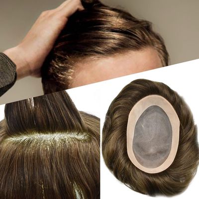 F M FACE MIRACLE NEW YORK Mens Toupee Fine Mono Real Hair Replacement System Poly Skin Around Human Hair Mens Toupee Durable Mens Hairpiece 6"X9"#4 Medium Brown-120% Medium Light to Medium Density