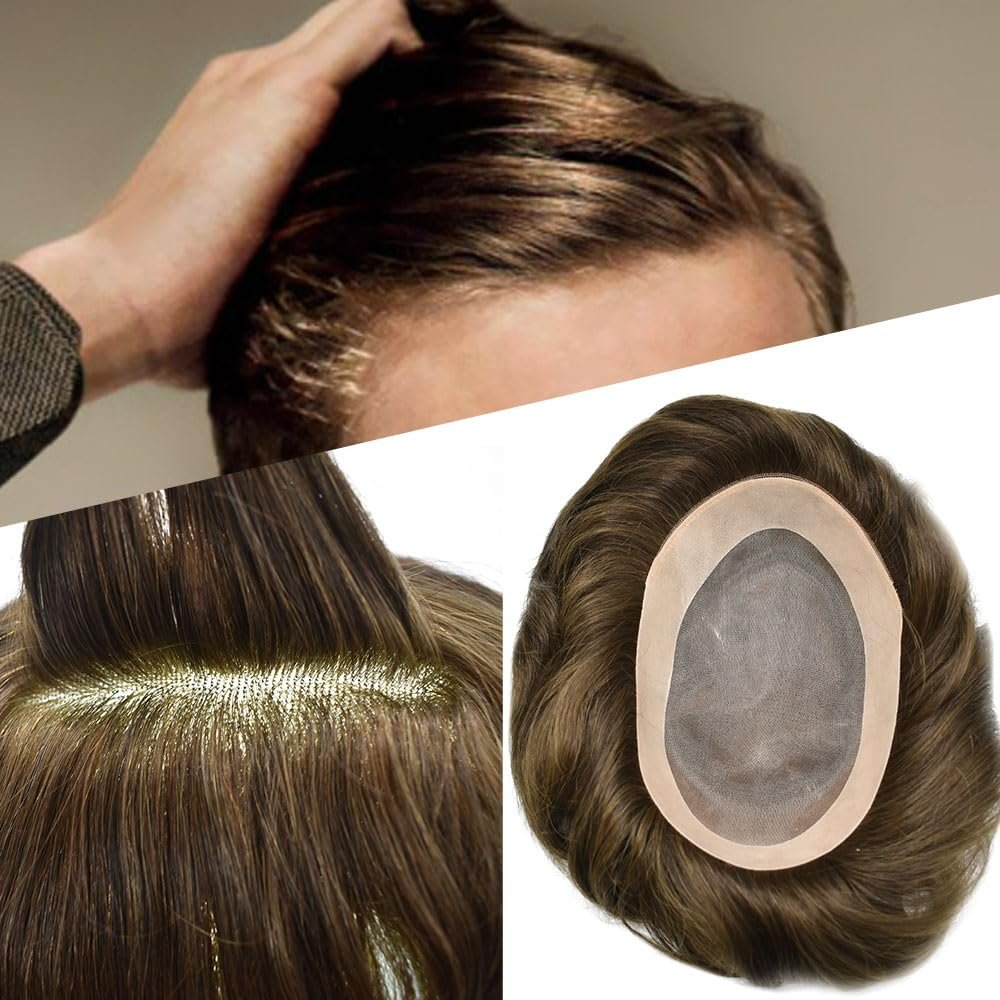 F M FACE MIRACLE NEW YORK Mens Toupee Fine Mono Real Hair Replacement System Poly Skin Around Human Hair Mens Toupee Durable Mens Hairpiece 6"X9"#4 Medium Brown-120% Medium Light to Medium Density